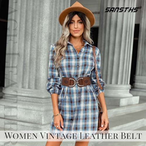 SANSTHS Vintage Women Stretchy Wide Belt Chunky Buckle Elastic Wide Waist Belts for Dresses Coats, Coffee M - Image 2