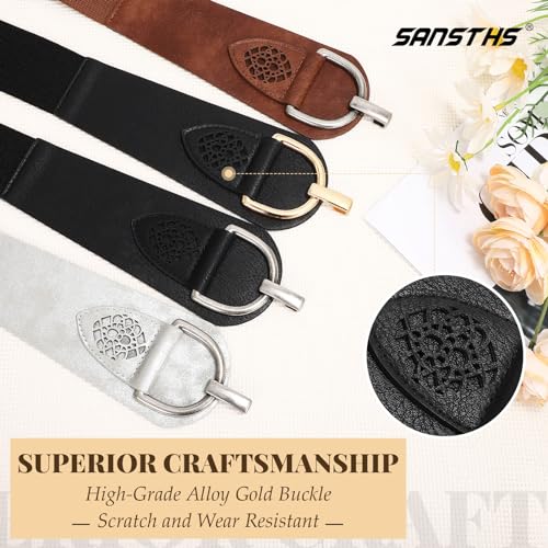 SANSTHS Vintage Women Stretchy Wide Belt Chunky Buckle Elastic Wide Waist Belts for Dresses Coats, Coffee M - Image 4
