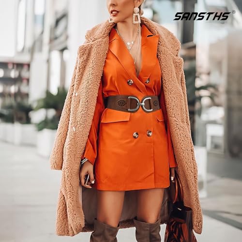 SANSTHS Vintage Women Stretchy Wide Belt Chunky Buckle Elastic Wide Waist Belts for Dresses Coats, Coffee M - Image 3