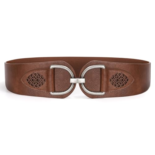 SANSTHS Vintage Women Stretchy Wide Belt Chunky Buckle Elastic Wide Waist Belts for Dresses Coats, Coffee M - Image 1