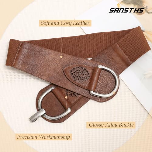 SANSTHS Vintage Women Stretchy Wide Belt Chunky Buckle Elastic Wide Waist Belts for Dresses Coats, Coffee M - Image 5