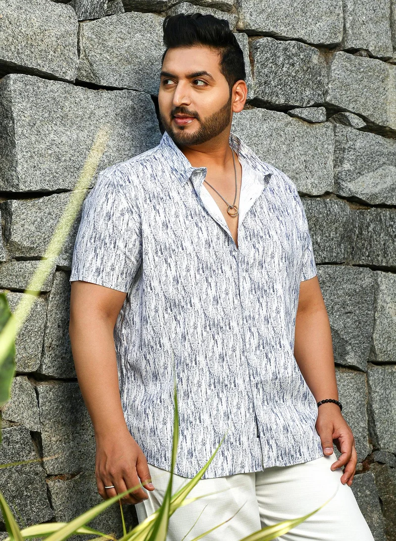 Instafab Plus Instafab Plus Men's Cream White & Navy Blue Contrast Grazed Shirt For Casual Wear | Spread Collar | Short Regular Sleeves | Button Closure | Plus Size Shirt Crafted With Comfort Fit For Everyday Wear