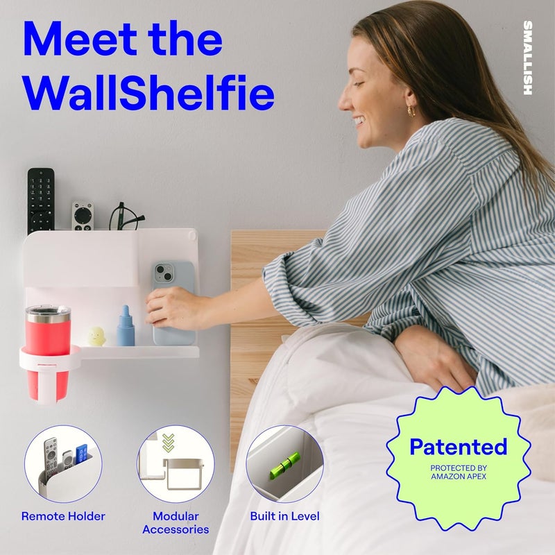 Smallish WallShelfie Bedside Wall Organizer & Bedside Shelf, Room Decor, Dorm Room Essential, Floating Bedside Shelf Wall Mount Organizer, Remote Control Holder, RV Accessories, Floating Shelves (White) - Image 3