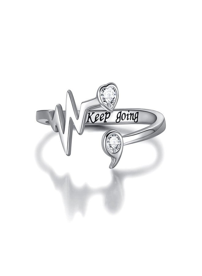APOTIE Sterling Silver Semicolon Inspirational Ring Heartbeat Rings Jewelry Gifts for Women (Keep going) - Image 1