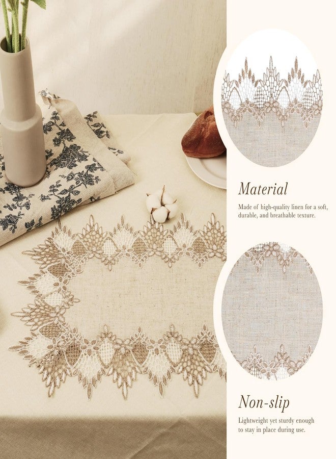 Phantomon Natural Linen Placemats Set of 2 – 13x20 Inch Beige Lace Embroidered Table Mats, Neutral Earth Tones Table Runner, Dresser Scarf, Table Topper Decor - Image 2