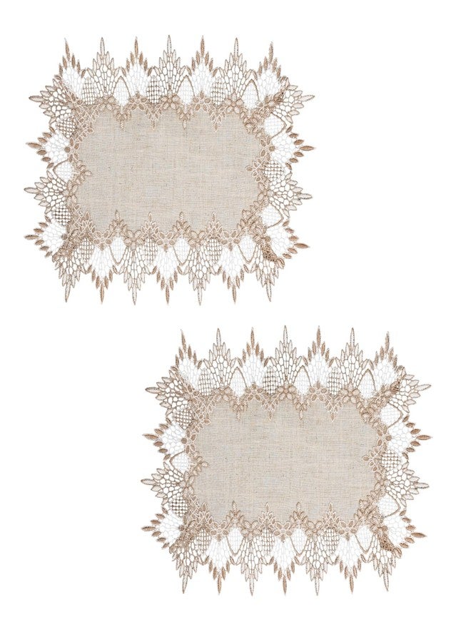 Phantomon Natural Linen Placemats Set of 2 – 13x20 Inch Beige Lace Embroidered Table Mats, Neutral Earth Tones Table Runner, Dresser Scarf, Table Topper Decor - Image 1