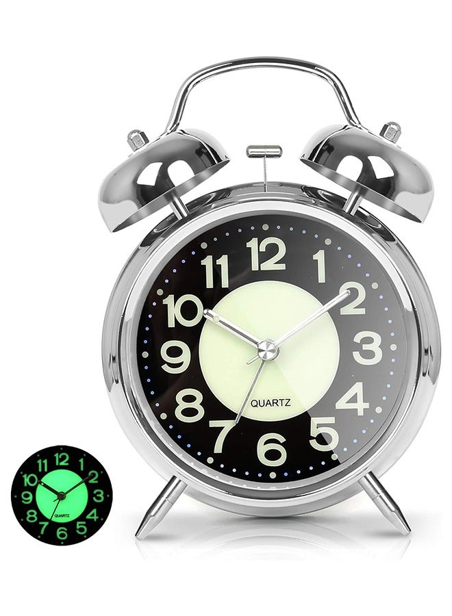 Super Loud Alarm Clock for Heavy Sleepers Adults,Twin Bell Retro 4 Inch Silent Non-Ticking Quartz with Backlight,Luminous dial,Alarm Clocks for Bedrooms Bedside (Silver)  - Image 1