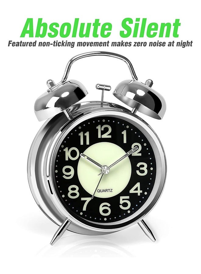 Super Loud Alarm Clock for Heavy Sleepers Adults,Twin Bell Retro 4 Inch Silent Non-Ticking Quartz with Backlight,Luminous dial,Alarm Clocks for Bedrooms Bedside (Silver)  - Image 2