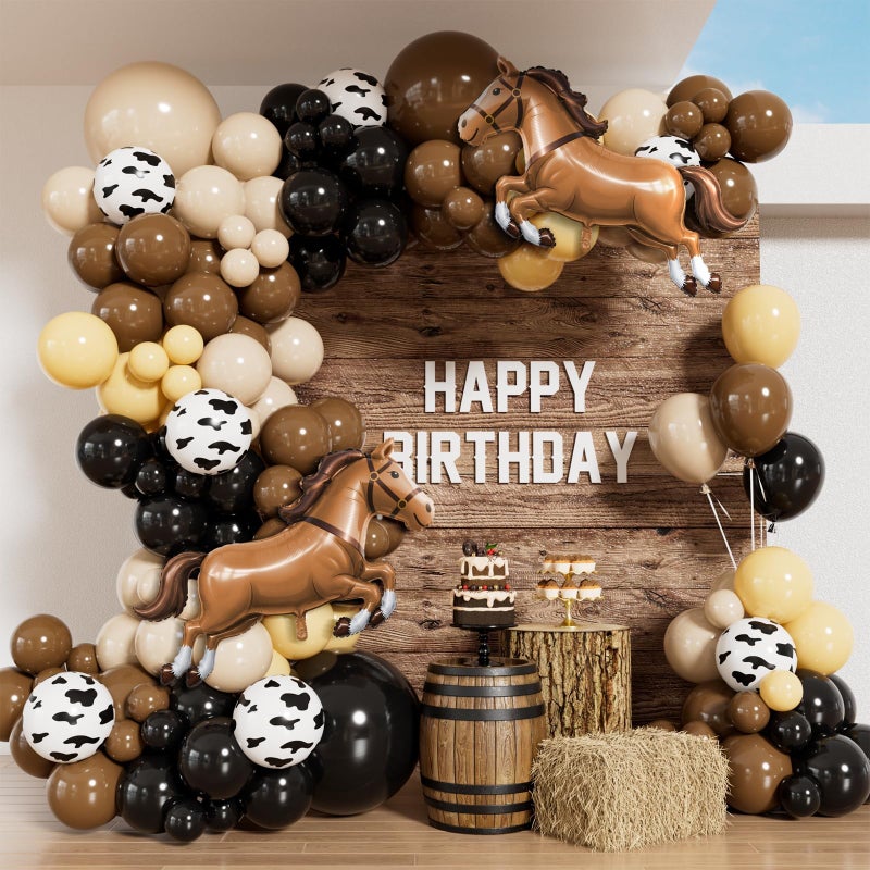 Leraqertra Western Cowboy Balloon Arch Kit with Black Dark Brown Sand White Nude Cow Print Cowboy Balloons for Wild West My First Rodeo Baby Shower Birthady Party Decorations - Image 1