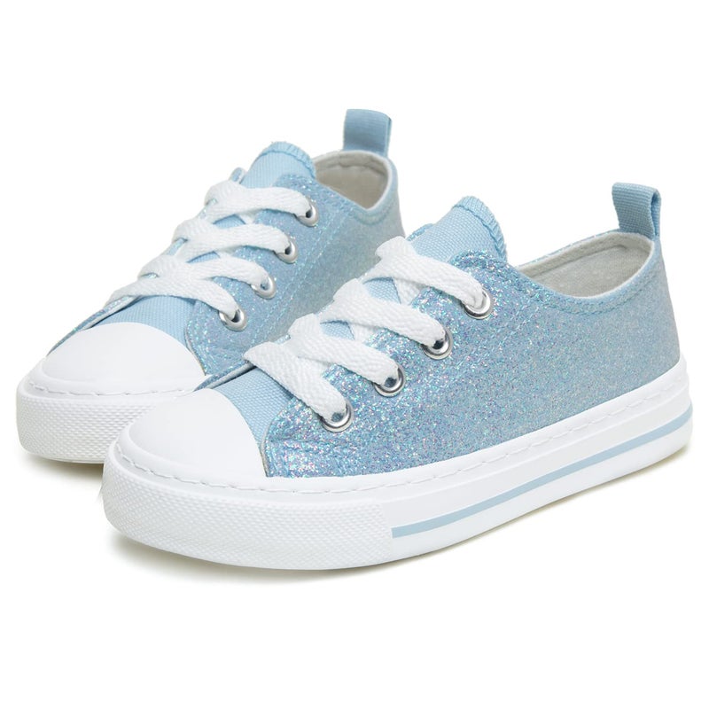 Toandon Kids Girls Sneakers Glitter Sequins Canvas Shoes Toddler Child Glitter Sparkle Low Top Lace Up Non Slip Lightweight Walking Outdoor Blue Size 8 - Image 1