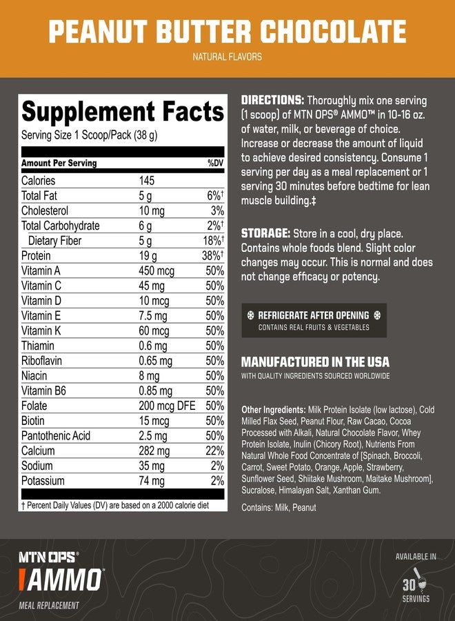MTN OPS Ammo Meal Replacement Shake Powder – 19g Protein, 10g Flaxseed, 4.5g Whole Foods, Real Fruits & Vegetables – Daily Nutrition & On-the-Go Fuel, 30 Servings, Peanut Butter Chocolate - Image 3