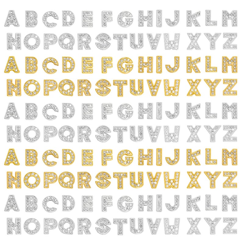 130pcs AZ 8mm Full Rhinestones Slide Alphabet Letters for DIY Wristbands Bracelets Jewelry Making Crafts Charms Silver and Gold