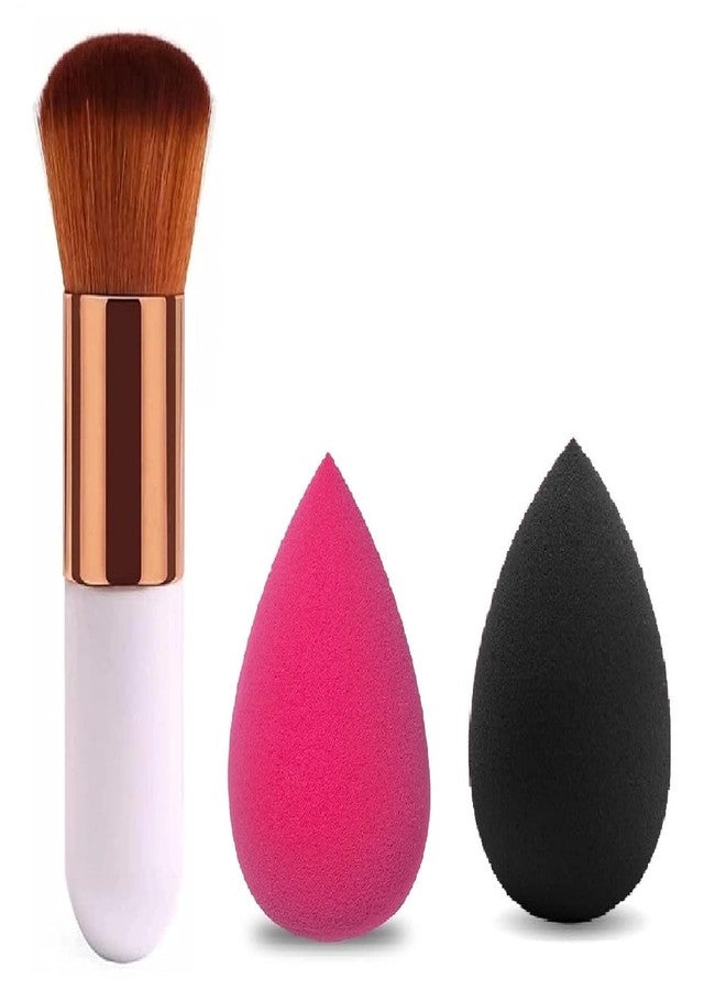 GOLD MAX 1 Round Foundation Makeup Brush, 2 Pieces Makeup Sponge Blender (Mini Foundation Brush With 2Pcs Blender Puff) - Image 1