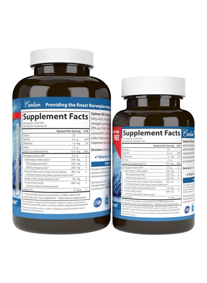 Carlson Carlson - Salmon Oil Complete, 700 mg Omega-3s + Astaxanthin, Norwegian, Heart, Brain & Joint Health, 120+60 Softgels  - Image 2
