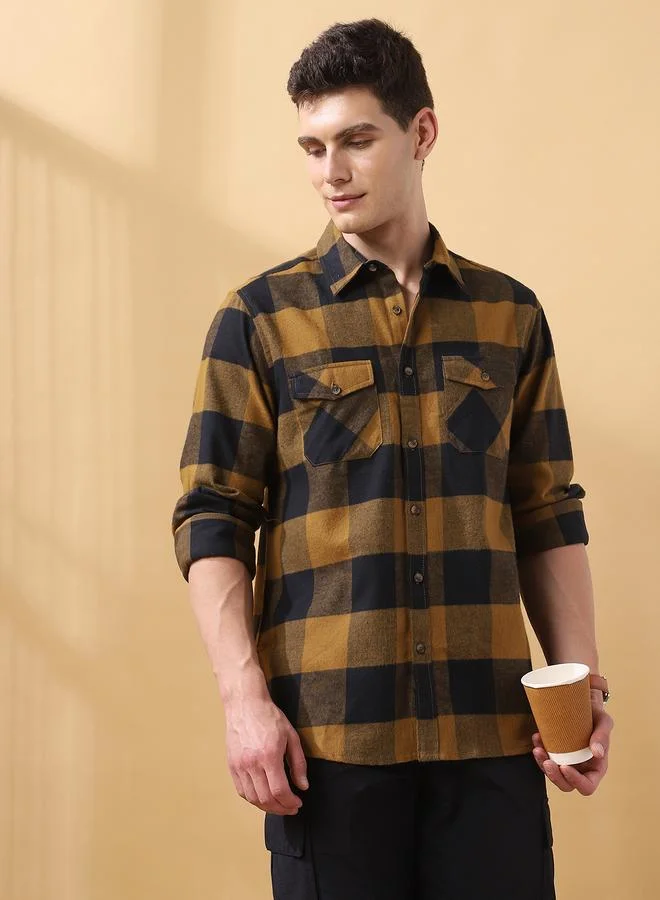 دينيس لينغو قميص رجالي قطن 1% كاروهات بأزرار بقصة مريحة