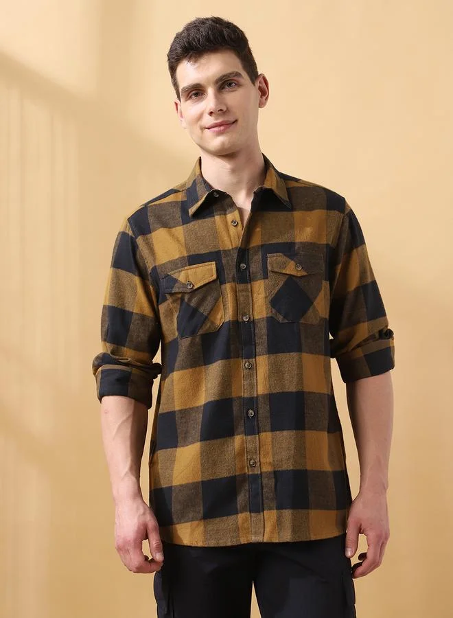 دينيس لينغو قميص رجالي قطن 1% كاروهات بأزرار بقصة مريحة