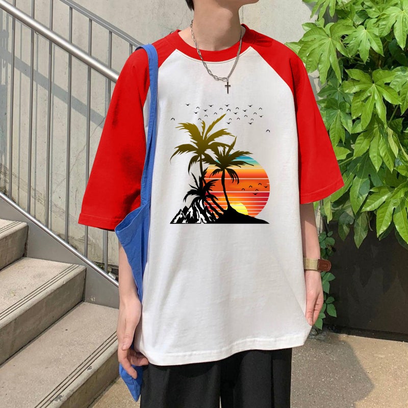 2023 Men'S Same Style Raglan Short-Sleeved Hawaiian Sunset Seven-Sleeved Raglan Round Neck Short-Sleeved T-Shirt - Image 2