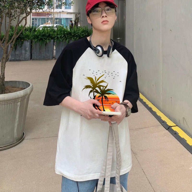 2023 Men'S Same Style Raglan Short-Sleeved Hawaiian Sunset Seven-Sleeved Raglan Round Neck Short-Sleeved T-Shirt - Image 4