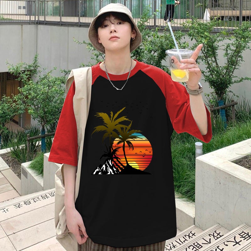 2023 Men'S Same Style Raglan Short-Sleeved Hawaiian Sunset Seven-Sleeved Raglan Round Neck Short-Sleeved T-Shirt - Image 3