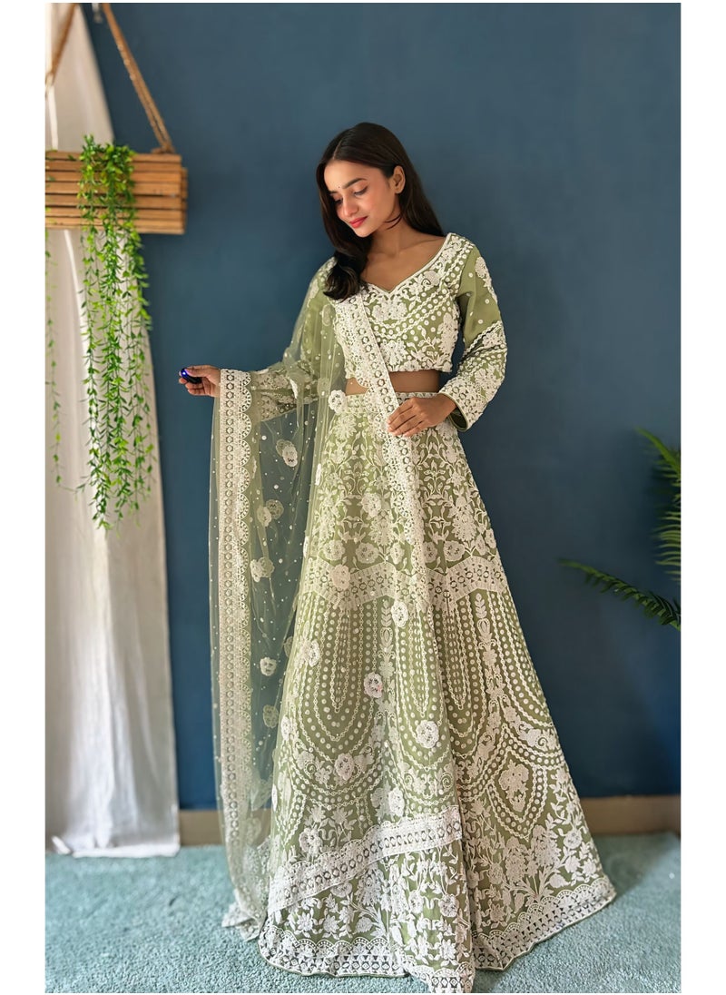 Designer Heavy Net Lehenga Set with Handcrafted Pure Bits Pearl Work & 4.25m Flair