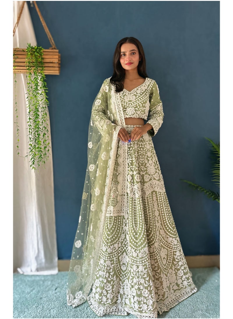 Designer Heavy Net Lehenga Set with Handcrafted Pure Bits Pearl Work & 4.25m Flair