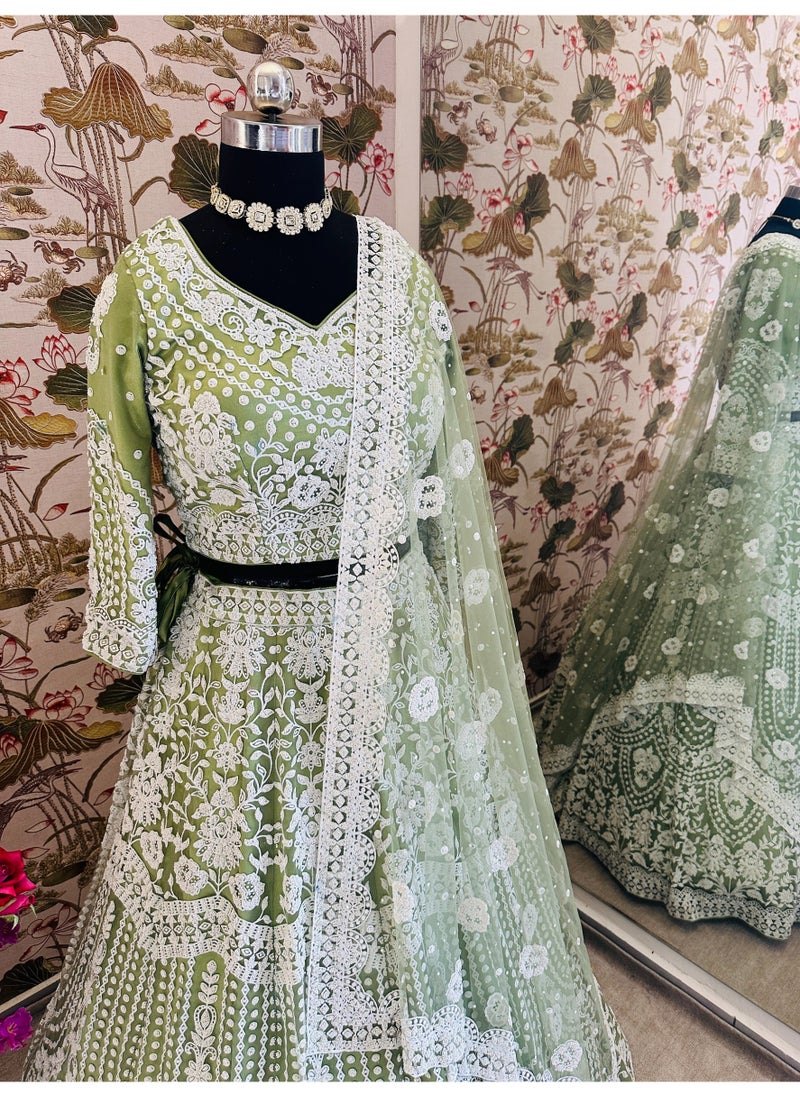 Designer Heavy Net Lehenga Set with Handcrafted Pure Bits Pearl Work & 4.25m Flair