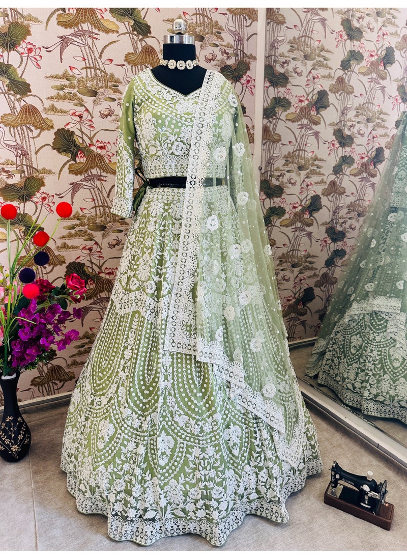 Designer Heavy Net Lehenga Set with Handcrafted Pure Bits Pearl Work & 4.25m Flair