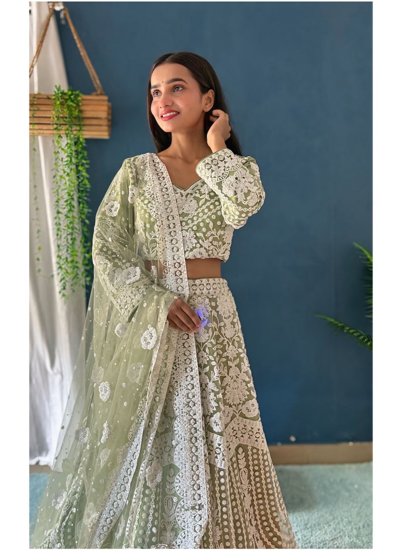 Designer Heavy Net Lehenga Set with Handcrafted Pure Bits Pearl Work & 4.25m Flair