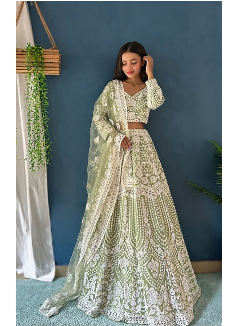 Designer Heavy Net Lehenga Set with Handcrafted Pure Bits Pearl Work & 4.25m Flair