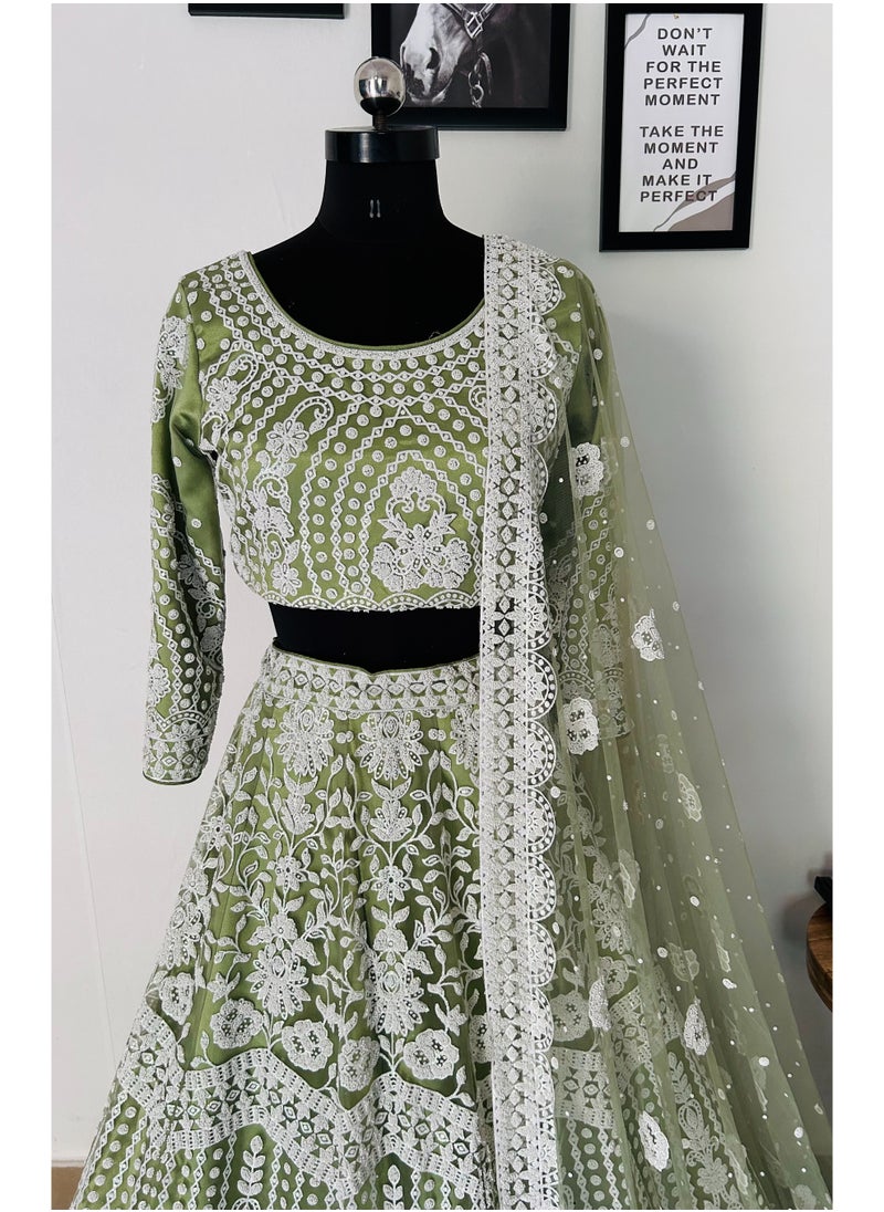 Designer Heavy Net Lehenga Set with Handcrafted Pure Bits Pearl Work & 4.25m Flair