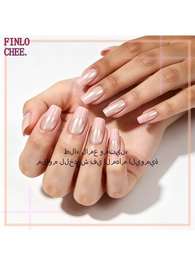 finlochee. أظافر لاصقة لامعة بطرف فرنسي بلمعان اللؤلؤ وتدرج بيج ووردي، شكل كوفين قصير وكاملة الغطاء، أظافر وهمية قابلة لإعادة الاستخدام ومقاومة للماء مع ملصقات لاصقة جيلية، أظافر لاصقة طويلة الأمد خالية من الضرر مصنوعة من مادة ABS الصديقة للبيئة، للارتداء اليومي، المكتب، عيد الفطر، الزفاف والصالونات للنساء، 30 قطعة - Image 2