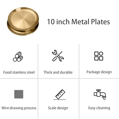 CAMBUY Stainless Steel Plates Metal Gold Dinner Plates Unbreakable Dinner Dishes Plates Set for Barbecue Kitchen Home Camping Outdoor Party (9inch 10Pcs) - Image 5