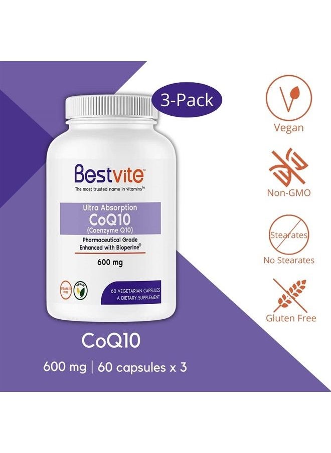 BESTVITE Coenzyme CoQ10 600mg per Capsule with Bioperine (180 Vegetarian Capsules) (3-Pack) Naturally Fermented - No Stearates - No Fillers - Vegan - Non GMO - Gluten Free  - Image 3