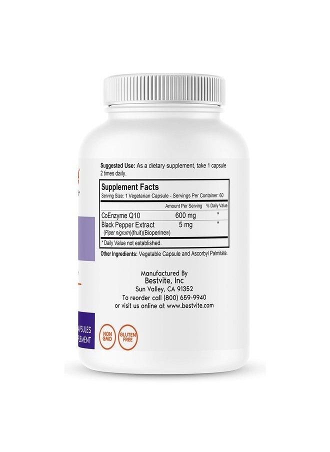 BESTVITE Coenzyme CoQ10 600mg per Capsule with Bioperine (180 Vegetarian Capsules) (3-Pack) Naturally Fermented - No Stearates - No Fillers - Vegan - Non GMO - Gluten Free  - Image 2