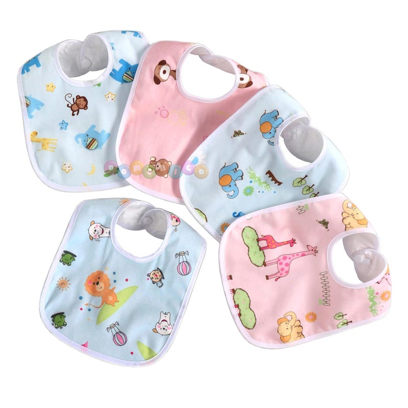 DOMENICO Baby Soft Feeding Bibs/Apron Cute Multi Print|with Tich Button| Waterproof Newborn Baby Bib Set - Pack Of 5 - Image 3