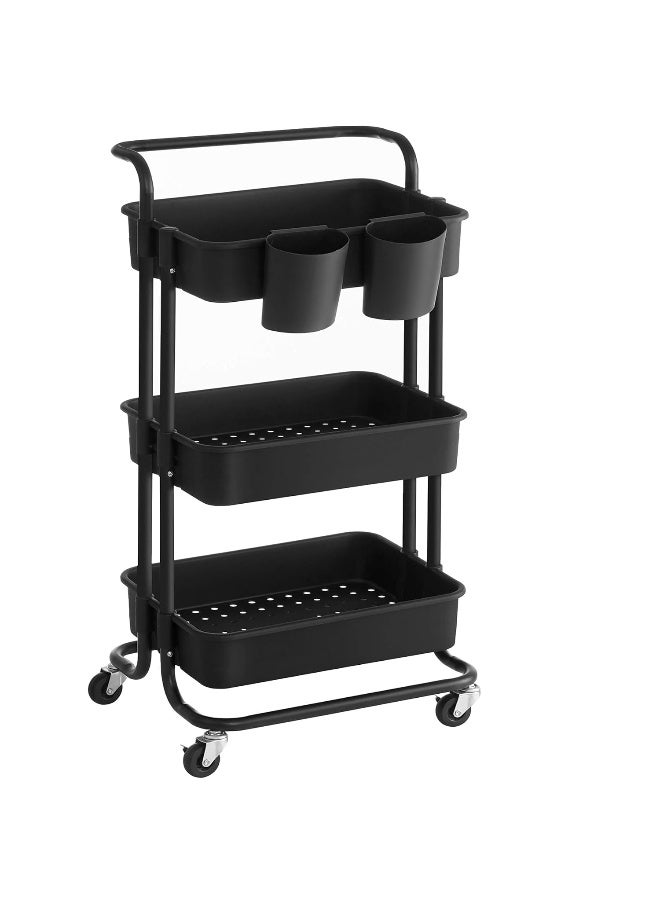 SONGMICS Rolling Cart, 3-Tier Storage Cart, Storage Trolley with Handle 2 Small Organisers, Steel Frame, Plastic Baskets, Utility Cart, Easy Assembly, for Bathroom Laundry Room, Black - Image 1