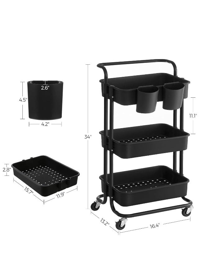 SONGMICS Rolling Cart, 3-Tier Storage Cart, Storage Trolley with Handle 2 Small Organisers, Steel Frame, Plastic Baskets, Utility Cart, Easy Assembly, for Bathroom Laundry Room, Black - Image 5