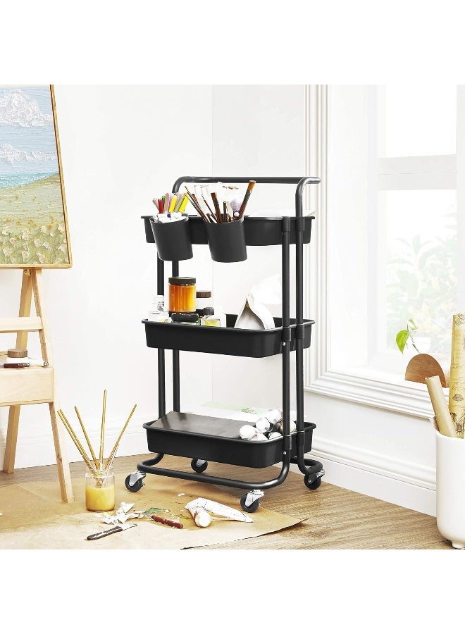 SONGMICS Rolling Cart, 3-Tier Storage Cart, Storage Trolley with Handle 2 Small Organisers, Steel Frame, Plastic Baskets, Utility Cart, Easy Assembly, for Bathroom Laundry Room, Black - Image 4