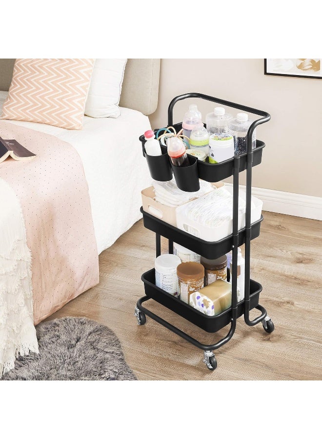 SONGMICS Rolling Cart, 3-Tier Storage Cart, Storage Trolley with Handle 2 Small Organisers, Steel Frame, Plastic Baskets, Utility Cart, Easy Assembly, for Bathroom Laundry Room, Black - Image 3