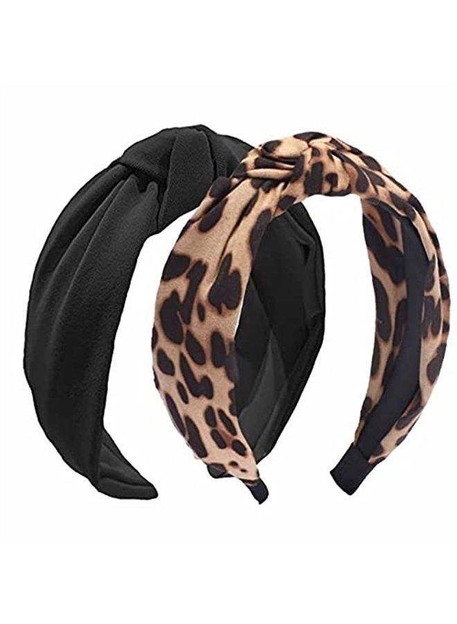 Etercycle 2PCS Headbands for Women, Bow Knotted Wide Headband, Yoga Hair Band Fashion Elastic Hair Accessories for Women (Black, Leopard) - Image 1