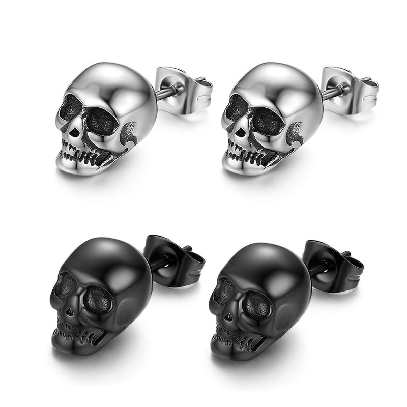 2 Pairs Punk Stainless Steel Stud Skull Earrings,Cupimatch Mens Silver Black Rock Ear Piercing Earrings for Valentine's Day