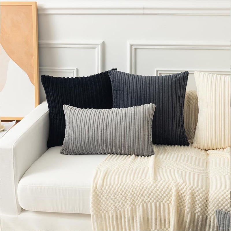 K KEVIN TEXTILE Kevin Textile Set of 2 Decorative Pillow Covers Solid Striped Corduroy Plush Velvet Cushion Cover for Couch  24x24 inch (60cm)  Black  - Image 4