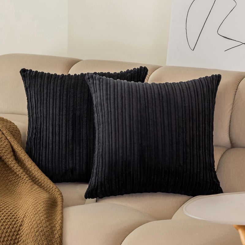 K KEVIN TEXTILE Kevin Textile Set of 2 Decorative Pillow Covers Solid Striped Corduroy Plush Velvet Cushion Cover for Couch  24x24 inch (60cm)  Black  - Image 1