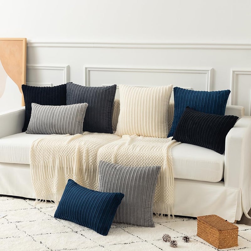 K KEVIN TEXTILE Kevin Textile Set of 2 Decorative Pillow Covers Solid Striped Corduroy Plush Velvet Cushion Cover for Couch  24x24 inch (60cm)  Black  - Image 5