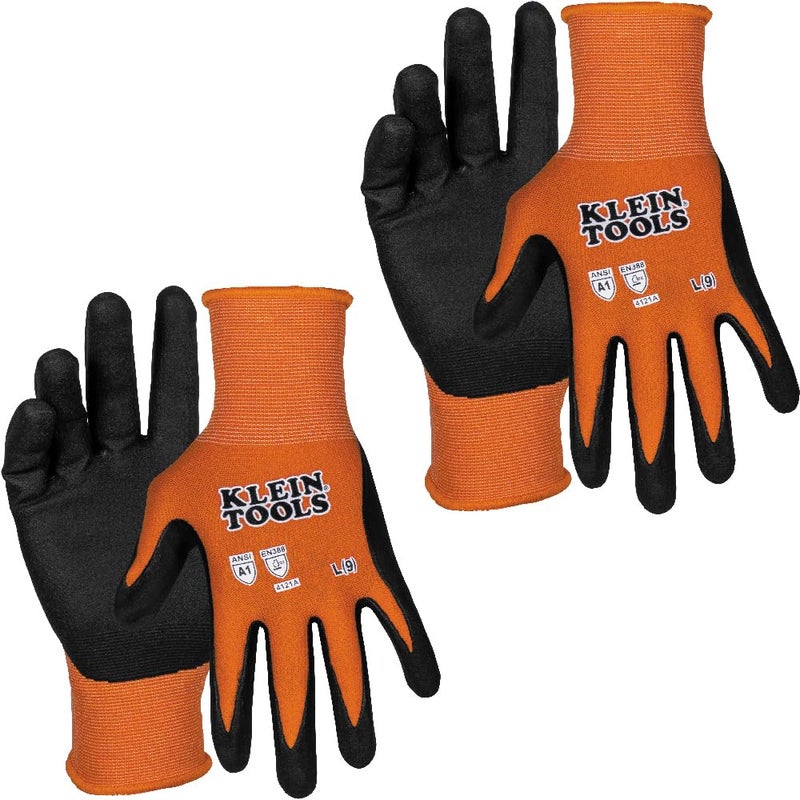 Klein Tools 60581 Work Gloves Knit Dipped Cut Resistant ANSI A1 Nitrile Coated Gloves NylonSpandex Touchscreen Capable Large 2Pair