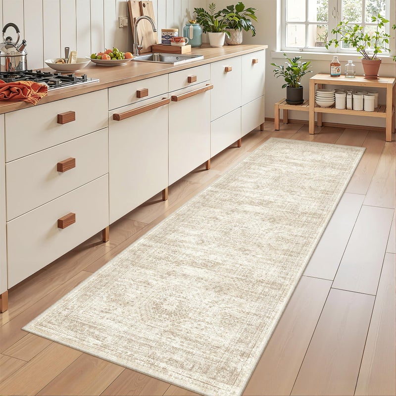 Restydon Rug Runners for Hallways Non Slip - 2x8 Runner Rug for Bedroom, Washable Runner with Rubber Backing, Soft Low-Pile Carpet for Kitchen, Laundry, Bathroom (2'x8', Beige/Ivory) - Image 3