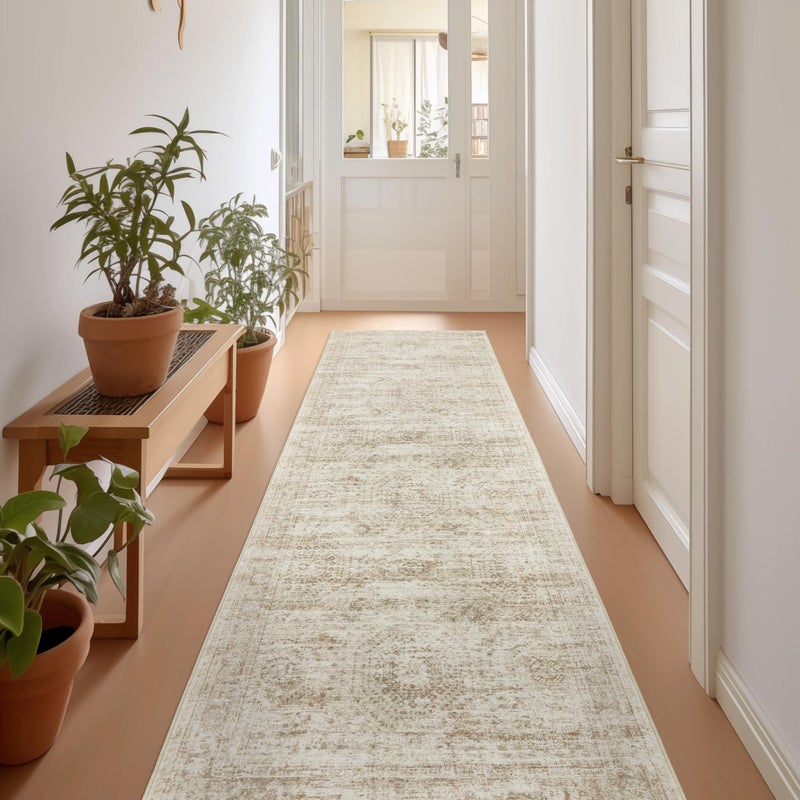 Restydon Rug Runners for Hallways Non Slip - 2x8 Runner Rug for Bedroom, Washable Runner with Rubber Backing, Soft Low-Pile Carpet for Kitchen, Laundry, Bathroom (2'x8', Beige/Ivory) - Image 1