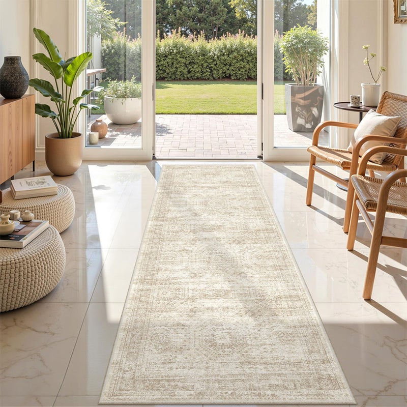 Restydon Rug Runners for Hallways Non Slip - 2x8 Runner Rug for Bedroom, Washable Runner with Rubber Backing, Soft Low-Pile Carpet for Kitchen, Laundry, Bathroom (2'x8', Beige/Ivory) - Image 2