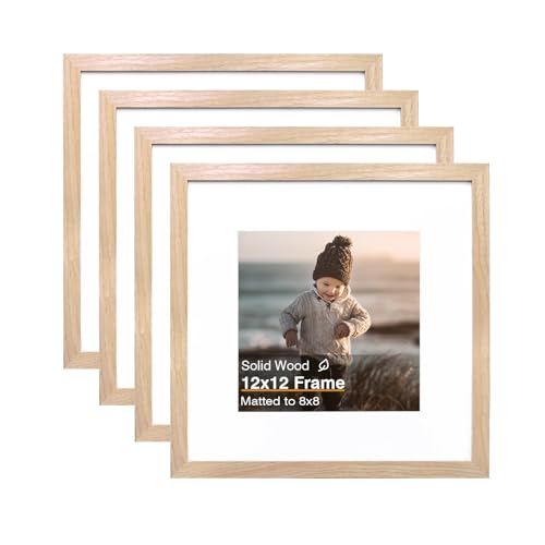 KINLINK 12x12 Picture Frame, Natural Square Solid Wood Frames for Pictures 8x8 with Mat or 12x12 without Mat, Wall Display Photo Frames Natural Wood 4 Pack - Image 1