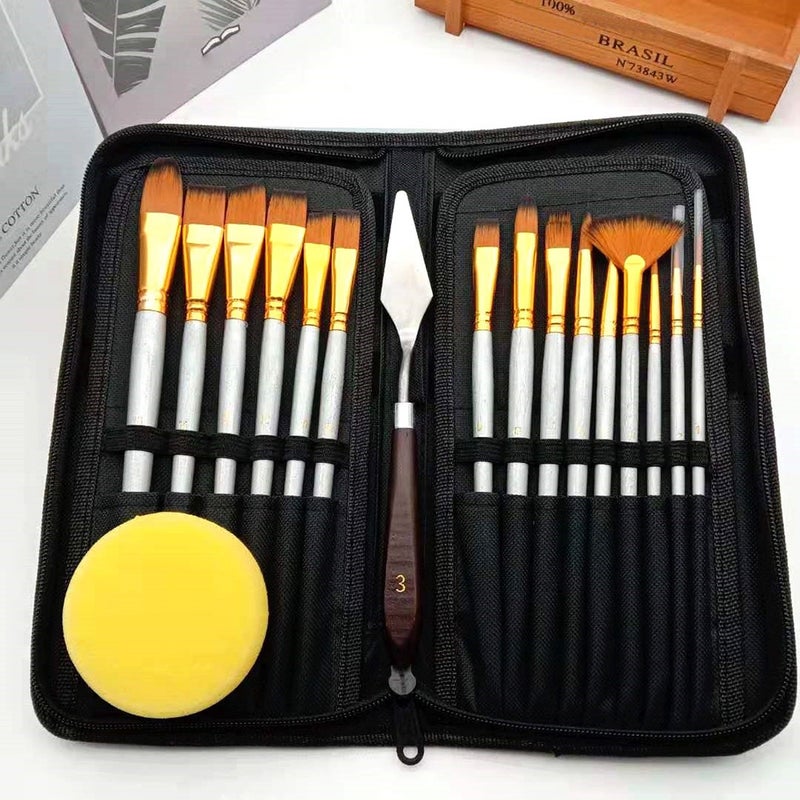 17 Piece Artist Long Handle Synthetic Paint Brush Set Multi Functional Painting Brushes Kit, Watercolor Gouache Oil Acrylic Brush Set, with Paint Scraper Sponge Art Supplies - Image 3